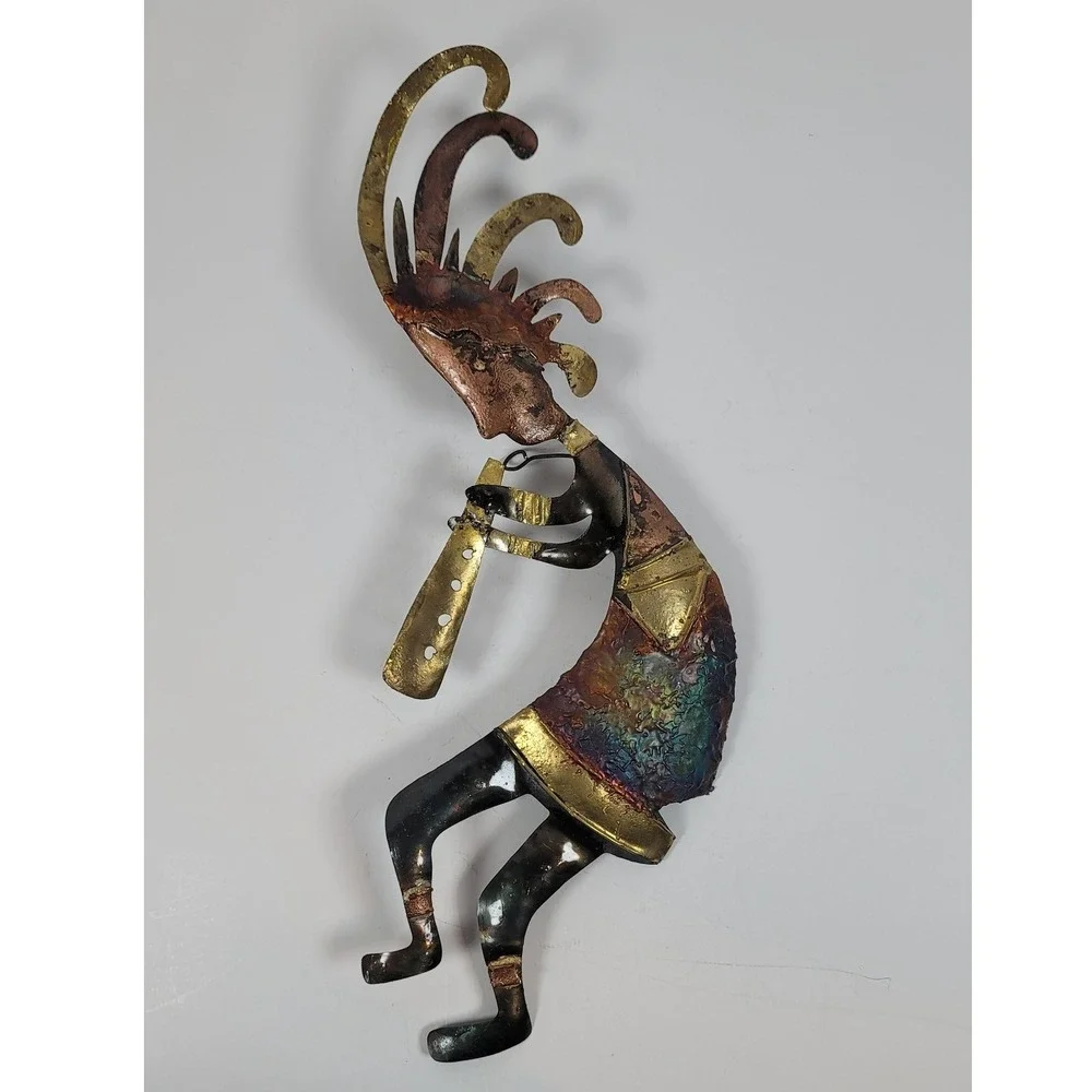 Vintage Kokopelli Metal Wall Art Southwestern Flute Player Copper Gold Tone 15in